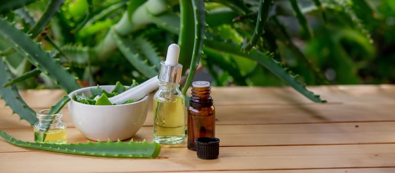 aloe vera essential oil on a wooden background, juice. Selective focus