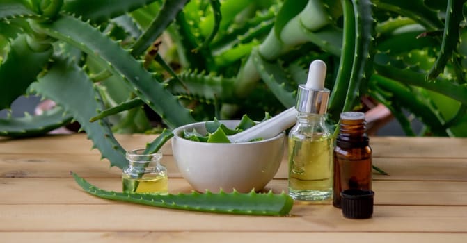 aloe vera essential oil on a wooden background, juice. Selective focus