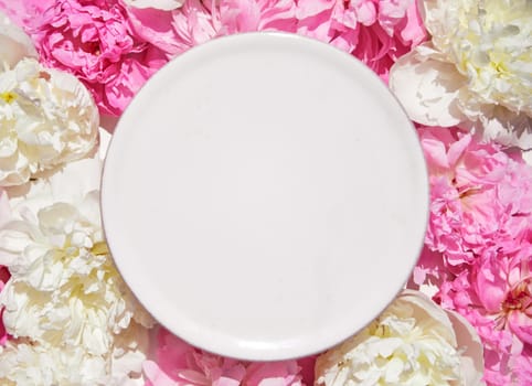 Beautiful frame with floral pions background. Free space for your design, mockup