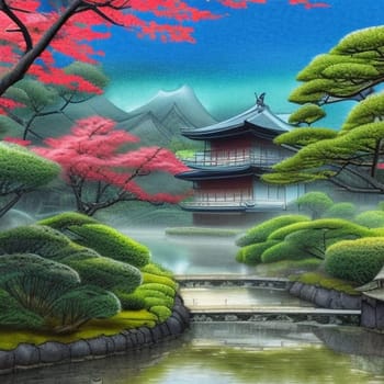 Delight in the elegance of a typical Japanese house nestled by a serene pond, adorned with lush vegetation and vibrant flowers, creating a picturesque scene that embodies tranquility and peace. AI generated.
