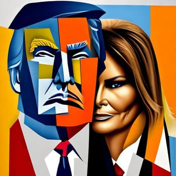 Immerse yourself in the mesmerizing Cubist masterpiece capturing the essence of President Trump and his wife, Melania. This AI-generated portrait presents a unique perspective on their personalities, intertwining elements of modernity and tradition. Bold geometric shapes converge and intersect, forming an abstract interpretation that invites contemplation and reflection.