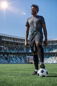 feet of soccer player tread on soccer ball in the stadium
