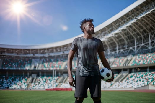A young man stands in a stadium with a soccer ball in his hand