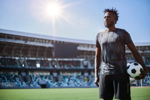 A young man stands in a stadium with a soccer ball in his hand