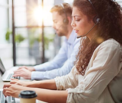 laptop talk by video call, helpline employee and pleasant chat to client remotely, distance webinar online teaching concept