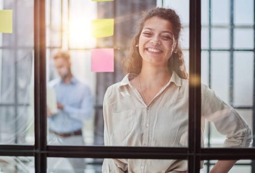 Bringing her vision to life. Shot of a confident businesswoman presenting an idea to her colleague using adhesive notes on a glass wall in the office.