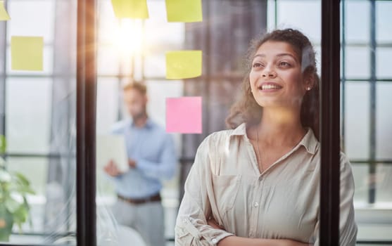 Bringing her vision to life. Shot of a confident businesswoman presenting an idea to her colleague using adhesive notes on a glass wall in the office.
