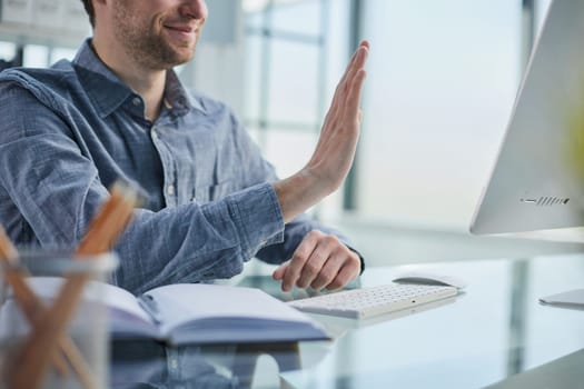 Call center, manager and telemarketing team at computer for software training
