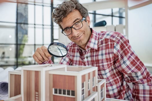 house searching, colorful mini model homes being viewed through magnifying glass, 3d render illustration