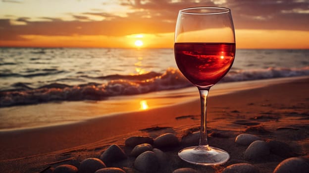 Glass of wine on the beach at sunset. Generative AI