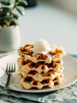 Ricotta cheese chaffles for keto diet. Stack of ricotta and lemon belgian waffles decorated with ice cream scoop. Copy space for text or design. Natural sunset daylight. Vertical.