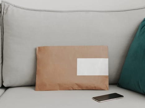 Craft paper soft pack on gray scandinavian sofa background with blank space. Shopping, Delivery, shipping, Package concept. Closed soft package on sofa in modern interior of home.