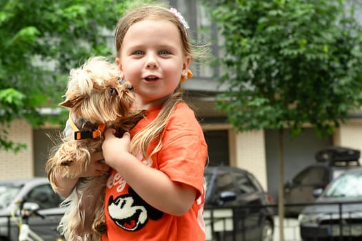 Child and dog on the street. A beautiful girl with blue eyes, 5 years old, holds a dwarf dog of the Chihuahua breed in her arms, smiles sweetly