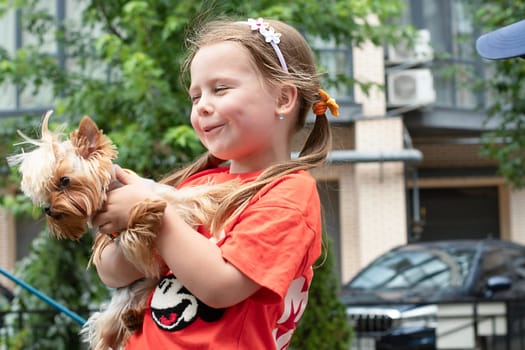 Child and dog on the street. A beautiful girl with blue eyes, 5 years old, holds a dwarf dog of the Chihuahua breed in her arms, smiles sweetly