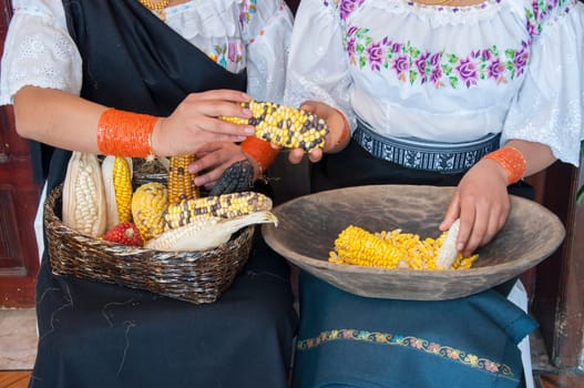 two indigenous women working at home shelling the corn from the harvest. High quality photo