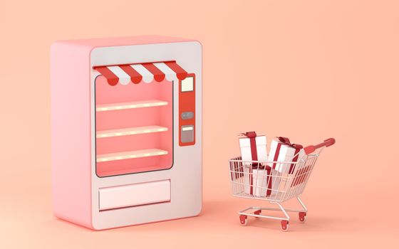 Empty vending machine and presents with pink background, 3d rendering. Computer digital drawing.