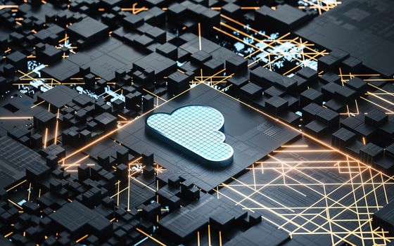 Circuit and cloud computing, subject of science and technology, 3d rendering. Computer digital drawing,