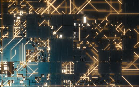 Circuits and electricity with blue background, 3d rendering. Computer digital drawing.