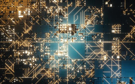 Circuits and electricity with blue background, 3d rendering. Computer digital drawing.