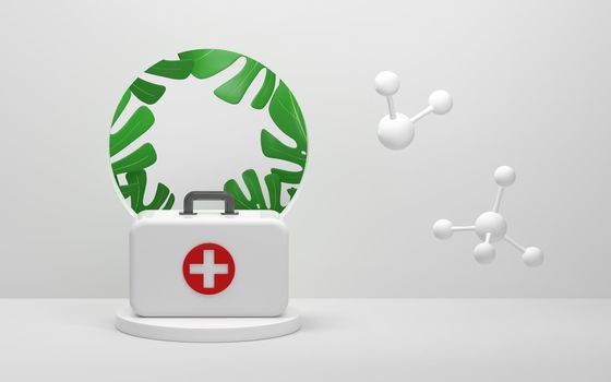 Medical kit and molecules in a white room, 3d rendering. Computer digital drawing.