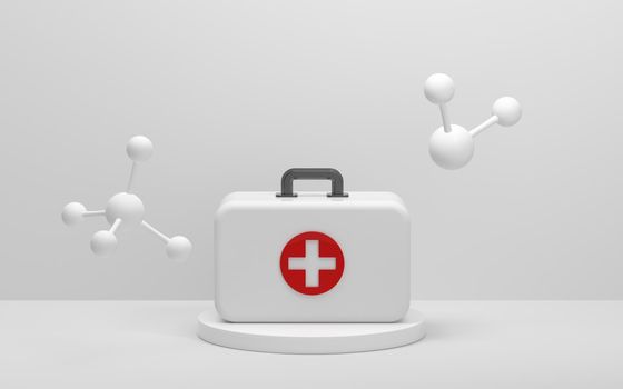 Medical kit and molecules with white background, 3d rendering. Computer digital drawing.