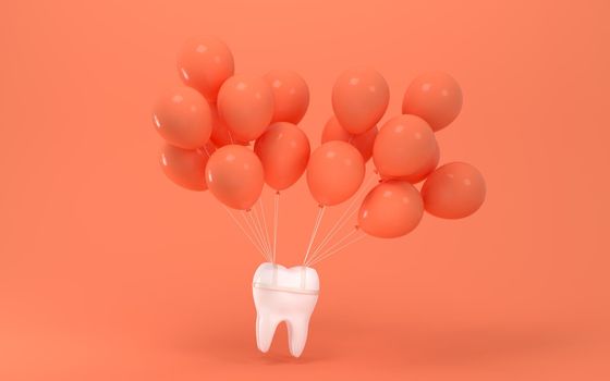 Balloons and tooth with orange background, 3d rendering. Computer digital drawing.