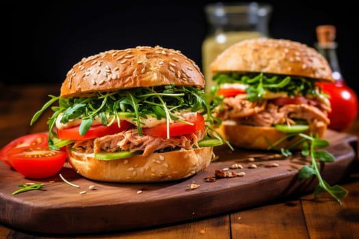 Two appetizing, meat burgers with avocado and tomatoes on a cutting board. Generative AI. High quality illustration