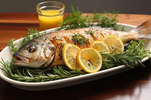 Baked fish with lemon. Serving meals from the chef. Generative AI. High quality illustration