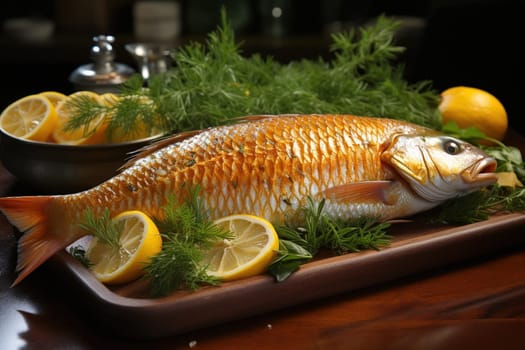Baked fish with lemon. Serving meals from the chef. Generative AI. High quality illustration