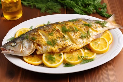 Baked fish with lemon. Serving meals from the chef. Generative AI. High quality illustration