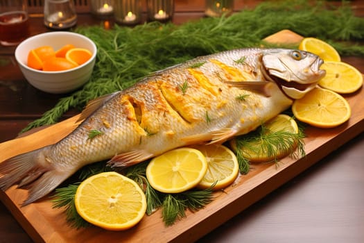 Baked fish with lemon. Serving meals from the chef. Generative AI. High quality illustration