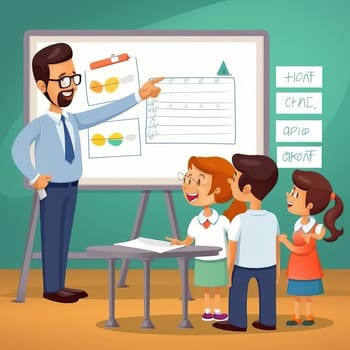 The teacher tells the children a lesson at the blackboard. Generative AI. High quality illustration