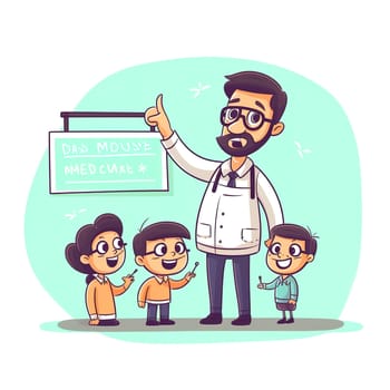 The teacher tells the children a lesson at the blackboard. Generative AI. High quality illustration