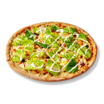 Freshly baked thin pizza on yogurt base with browned crispy edge, mozzarella, chicken fillet, tomatoes, red beans, quail eggs, Romaine lettuce, cream cheese sauce, isolated on white background