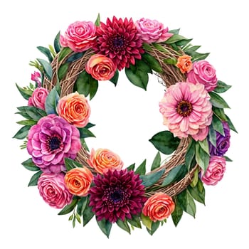 Watercolor Floral Wreath with Pink, Red, Peach, Burgundy Flowers and Leaves on White Background for Invitations, Wedding or Greeting Cards, Package Design, Decoration. AI Generated