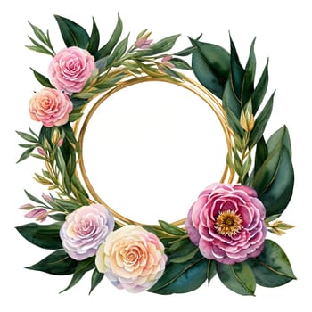Watercolor Floral Wreath with Pink and White Camellia Flowers and Leaves on White Background for Invitations, Wedding or Greeting Cards, Package Design, Decoration. AI Generated