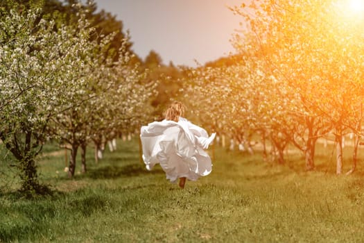 Woman white dress park. A woman in a white dress runs through a blossoming cherry orchard. The long dress flies to the sides, the bride runs rejoicing in life