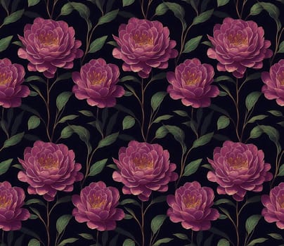 Floral Seamless Pattern of Stylized Pink Peony Flowers and Green Leaves on Black Backdrop. Wallpaper Design in Muted Colors for Textiles, Interior, Clothes, Packages, Covers. AI Generated