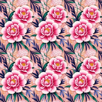 Floral Seamless Pattern of Stylized Pink White Peony Flowers with Dark Blue Teal Leaves on Pink Peach Backdrop. Wallpaper Design in for Textiles, Clothes, Postcards, Packages, Covers. AI Generated