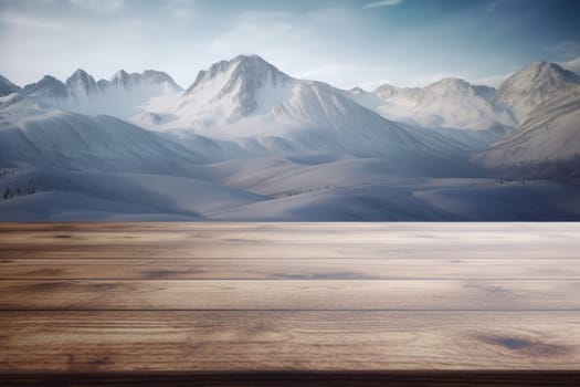 Empty brown wooden table top against winter snowy high mountains and sky. Montage style to dispaly the product.Ai generative