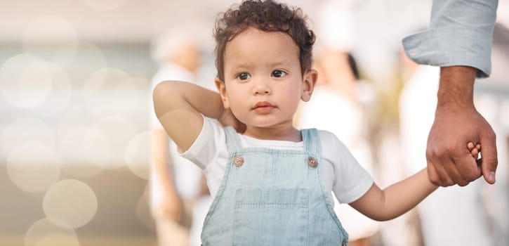 Mockup space, parent or child holding hands in new home or real estate as family bonding with love or care. Support, embrace or guardian with a young kid with affection moving in to house property.