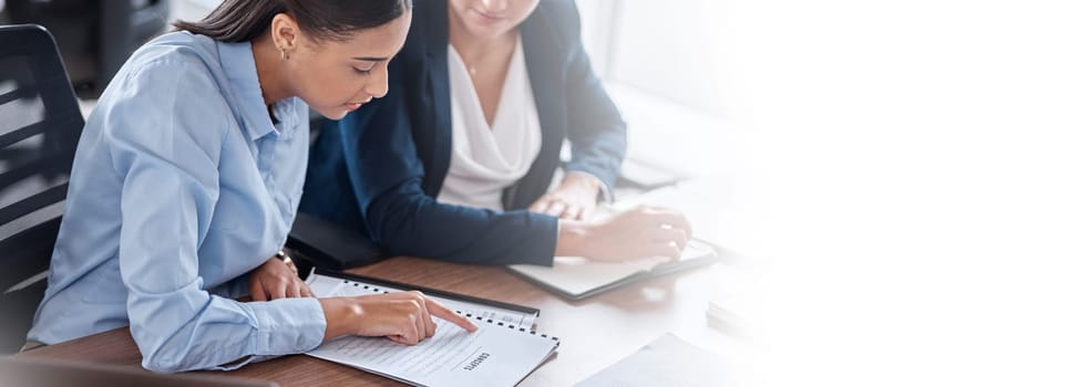 Mockup, finance or business women planning budget or report for company revenue with teamwork. Documents, space or accountant woman consulting an accounting manager in meeting for project or growth.