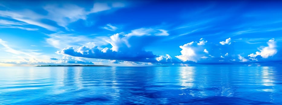 blue water surface of the ocean, clouds in the sky, banner made with Generative AI. High quality illustration