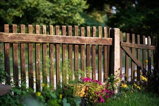 A rural old fence, bathed in the rays of the setting sun. Summer season in rural views.