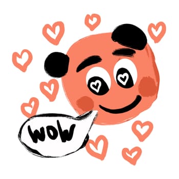 Hand drawn illustration of cute orange black character with wow speech bubble and hearts. Surprise emotion, fall in love concept, comic funny cartton message label expression