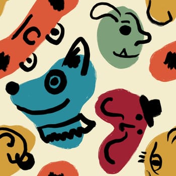 Hand drawn seamless pattern with colorful orange blue red cute monsters on beige background. Cute funny halloween doodle creatures with eyes ears, fun retro vintage kids children cartoon alien print