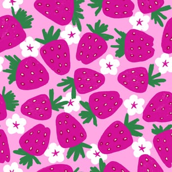 Hand drawn seamless pattern with pink strawberry with white flowers. Hot pink background Summer picnic food fruit berry print, fresh food strawberries green leaves, colorful bright spring kitchen design.
