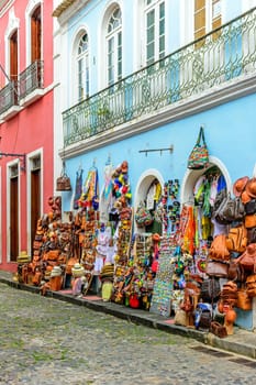 Street commerce of typical products, souvenirs and gifts of various types in the streets and sidewalks of Pelourinho in the city of Salvador, Bahia