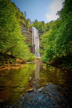View of Falls Creek Falls from Falls Creek at Falls Creek Falls State Park in Tennessee.