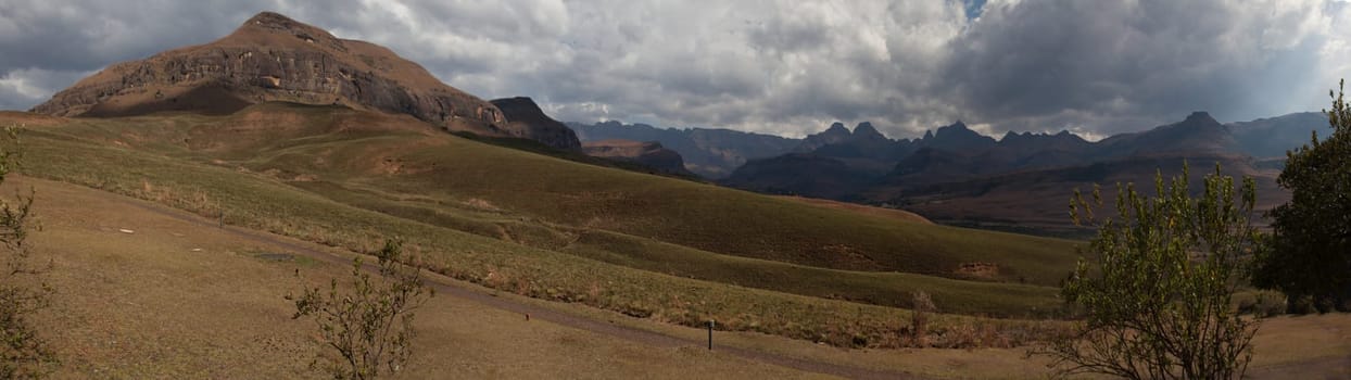 A panoramic view of a building stormin the Cathedral Peak region of  the Drakensberg in KwaZulu-Natal Province. South Africa